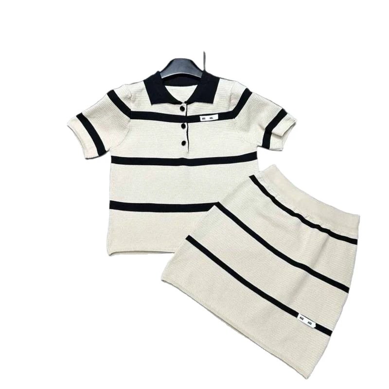 Mm Knit Polo Cream Black Striped Set