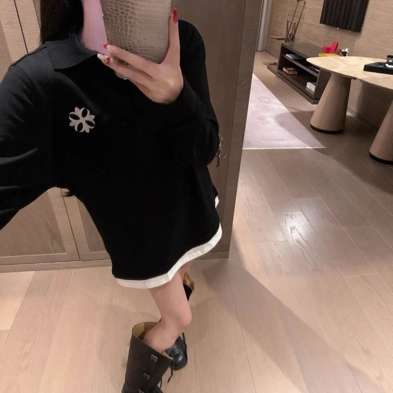 Black Long Sleeve Polo Dress With White Trim Casual Style