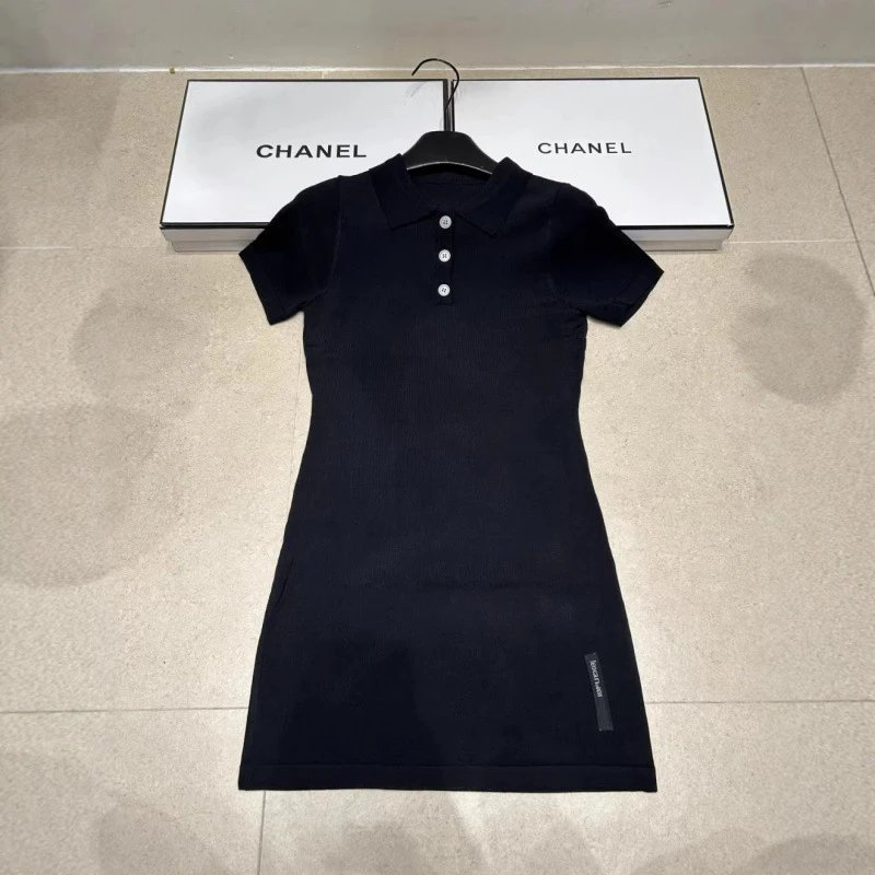 Chanel Polo Dress Black Ribbed Knit