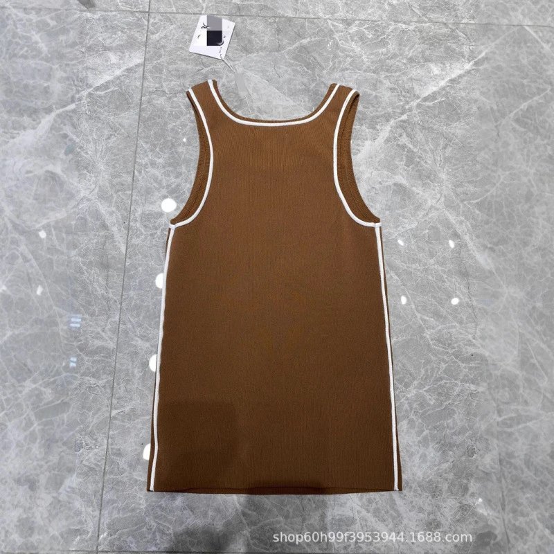 Brown Ribbed Sleeveless Dress With White Trim