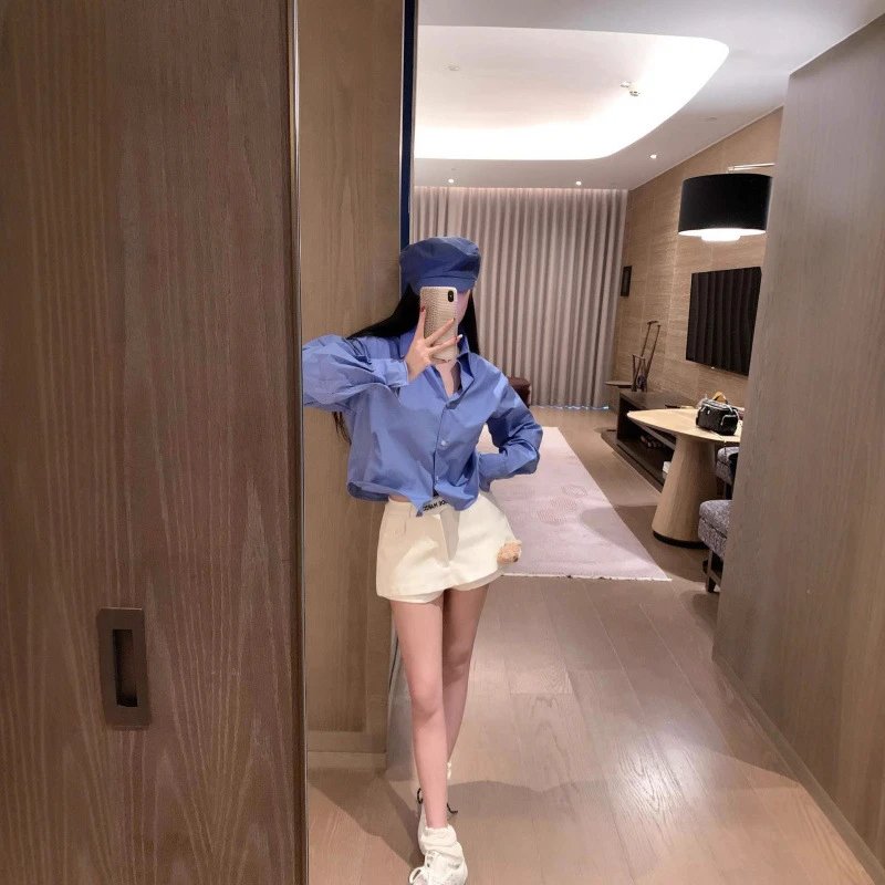 Blue Long Sleeve Shirt White Mini Skirt Casual Outfit