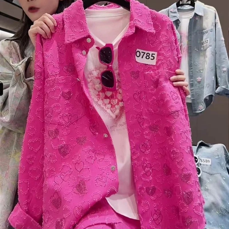 Pink Embroidered Heart Pattern Shirt Casual Style