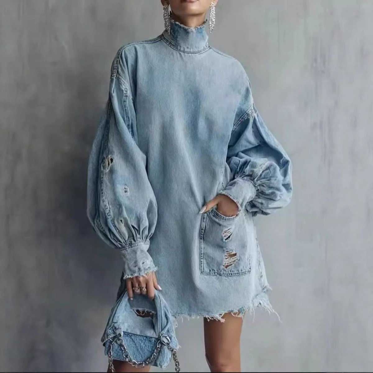 Denim Oversized Dress Light Blue Casual Fashion