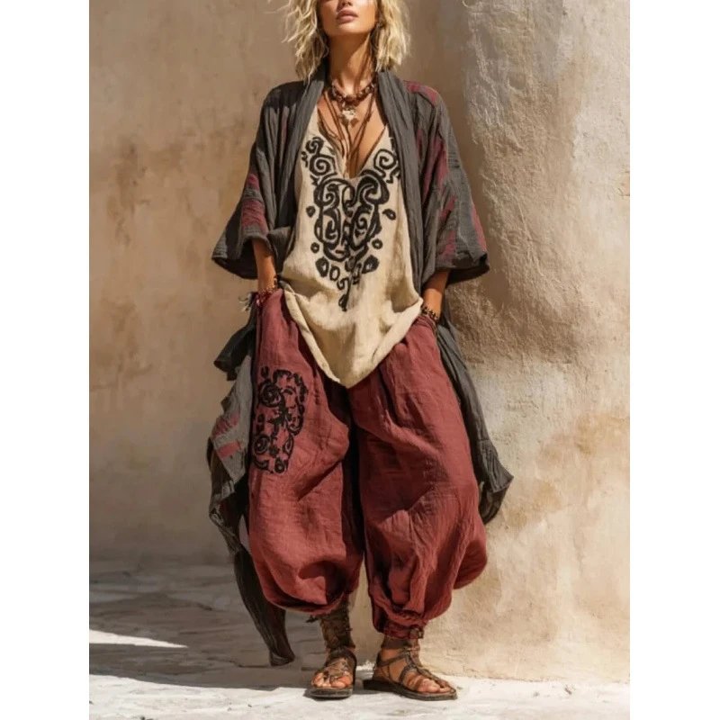 Ethnic Print Loose Red Bohemian Trousers