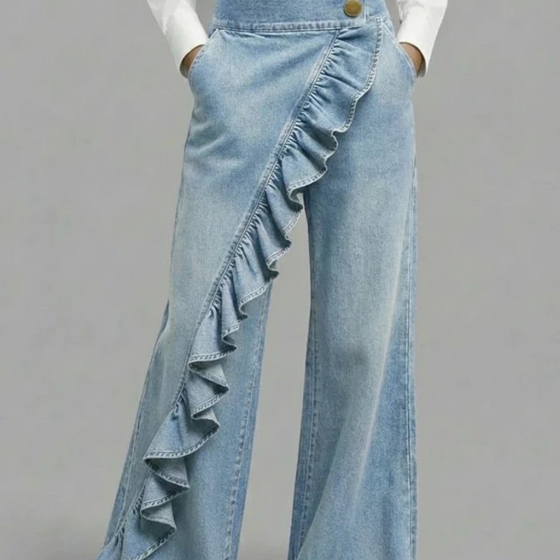 Denim Wide Leg Light Blue Ruffle Trousers