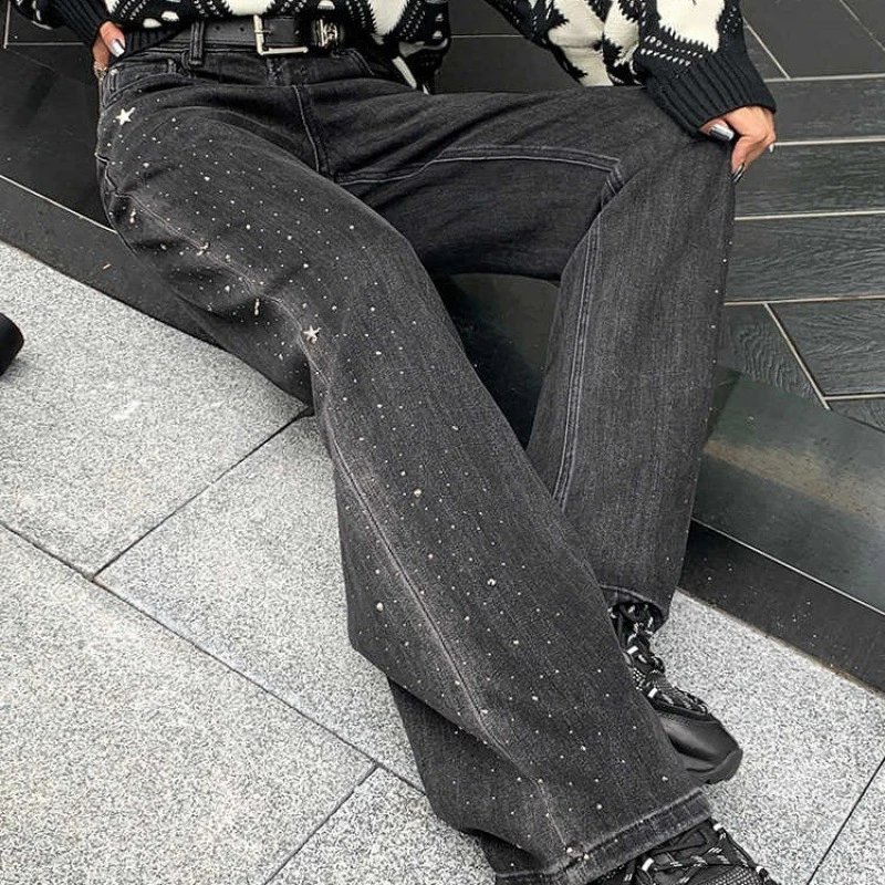 Star Print Black Wide Leg Jeans