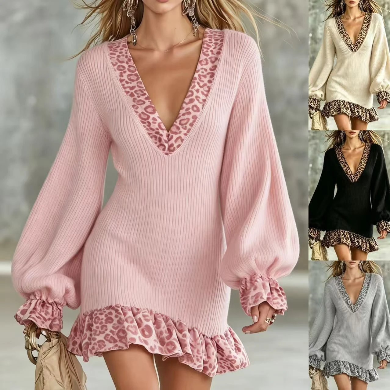 Knit V-Neck Pink Leopard Trim Dress