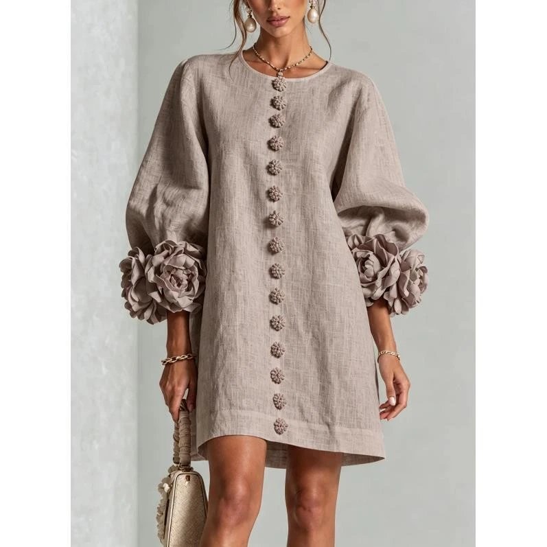 Linen Dress Beige Floral Sleeve Boho Style