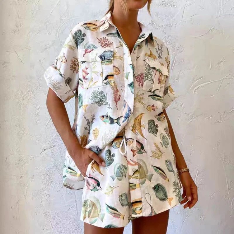 Fish Print Shirt Dress White Casual Summer Outfit