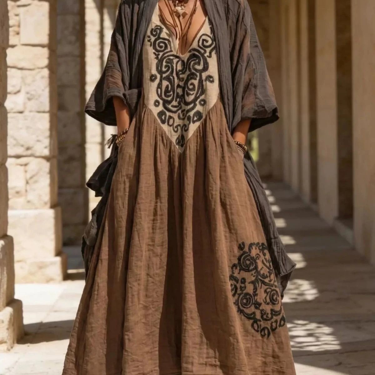 Ethnic Embroidered Brown Maxi Dress Boho Style
