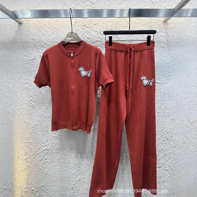 Ribbed Red Dog Print Casual Loungewear Set