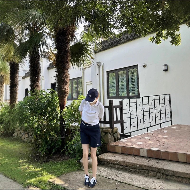 Unisex White Polo Shirt Navy Blue Shorts Set