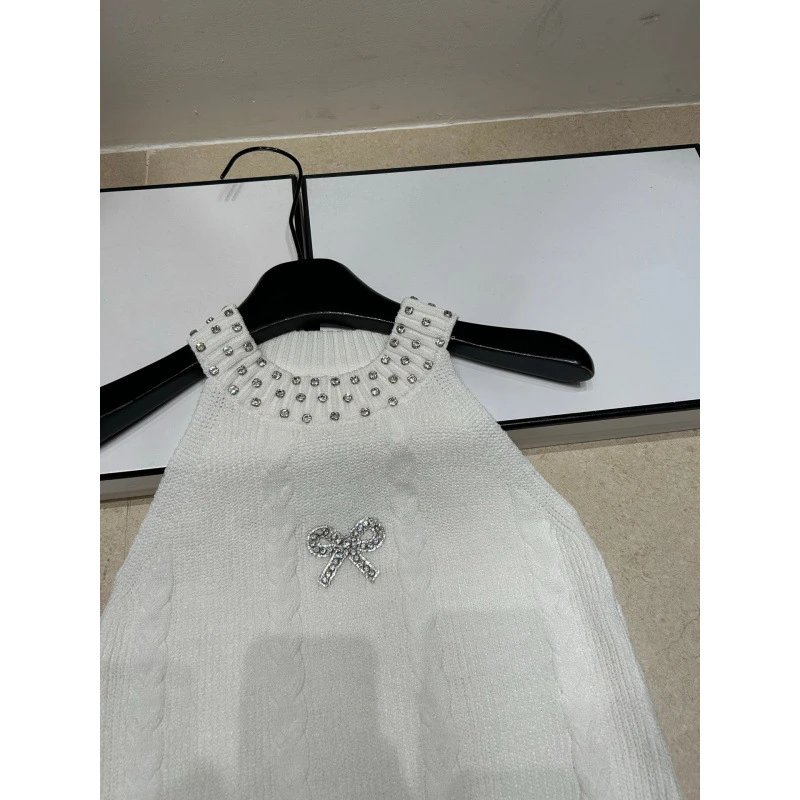 White Knit Dress With Rhinestone Bow Detail
