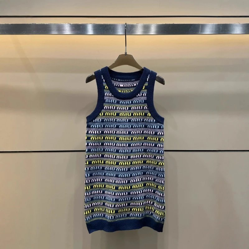 Miu Miu Knit Tank Dress Blue Striped Casual