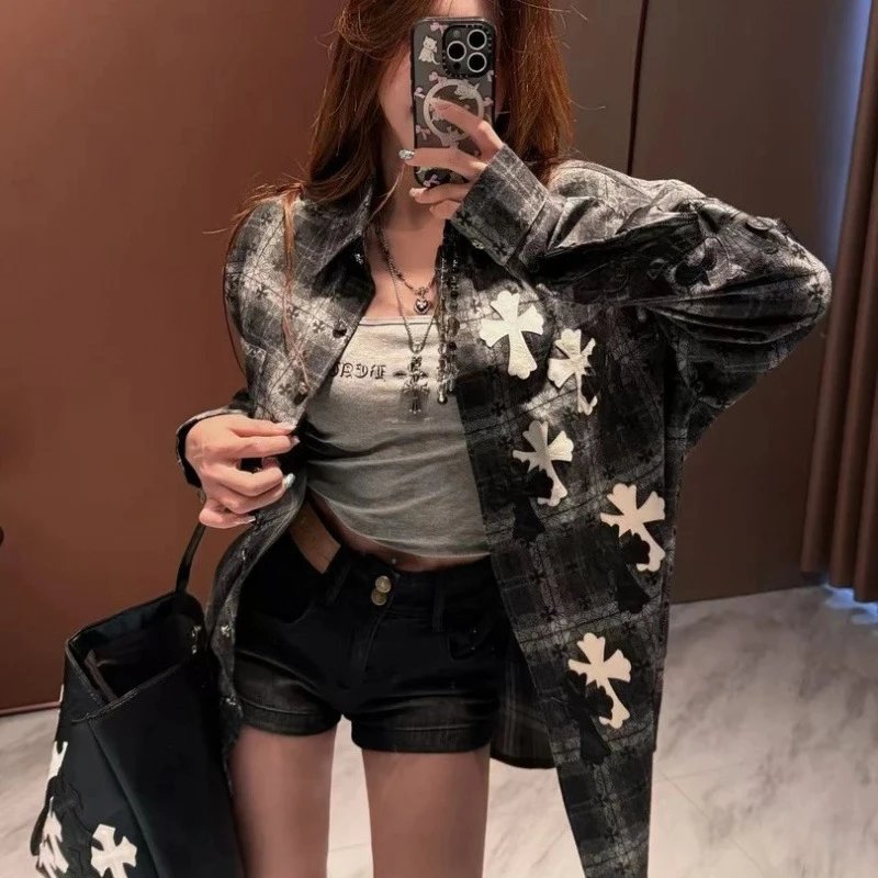 Plaid Denim Black White Cross Print Oversized Jacket
