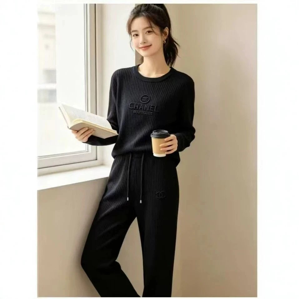 Chanel Logo Black Ribbed Knit Set