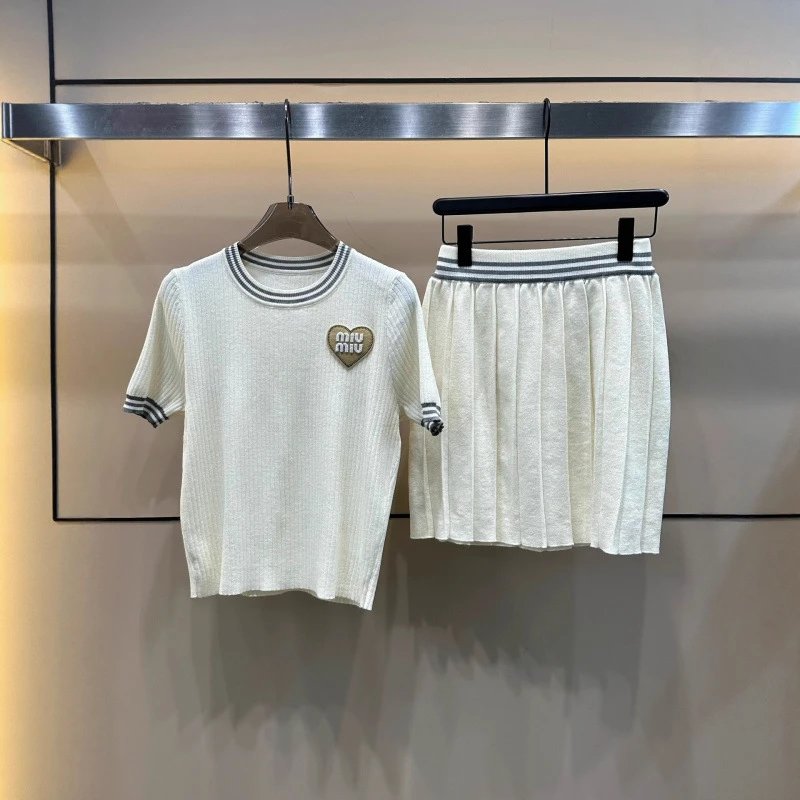 Miu Miu White Knit T-Shirt And Skirt Set