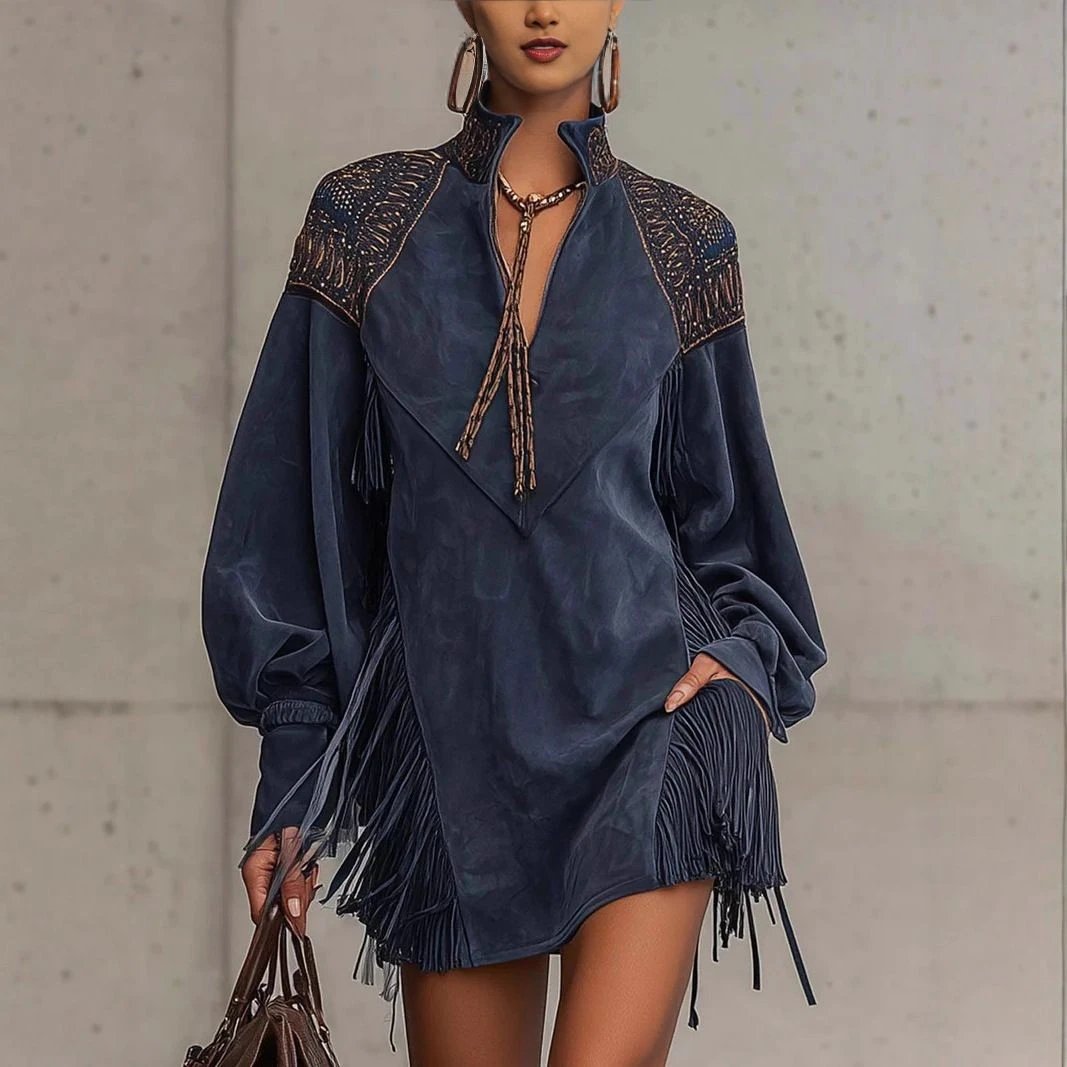 Boho Style Blue Fringe Dress