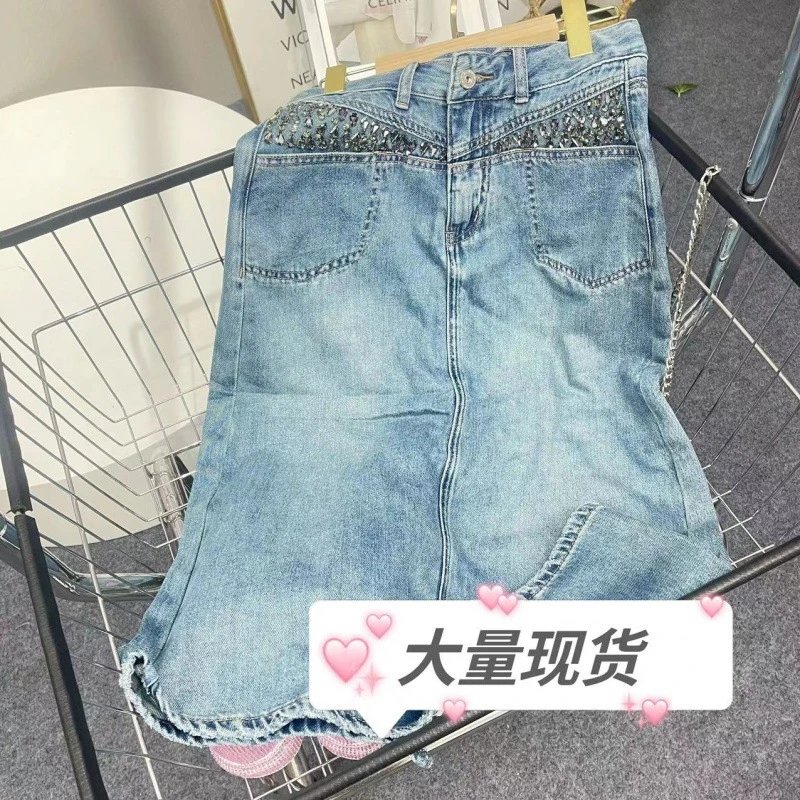 Denim Skirt Light Blue Embellished Casual