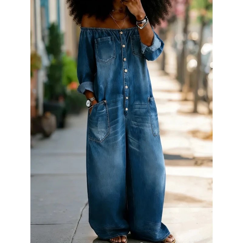 Denim Off Shoulder Long Dress Blue Casual Style