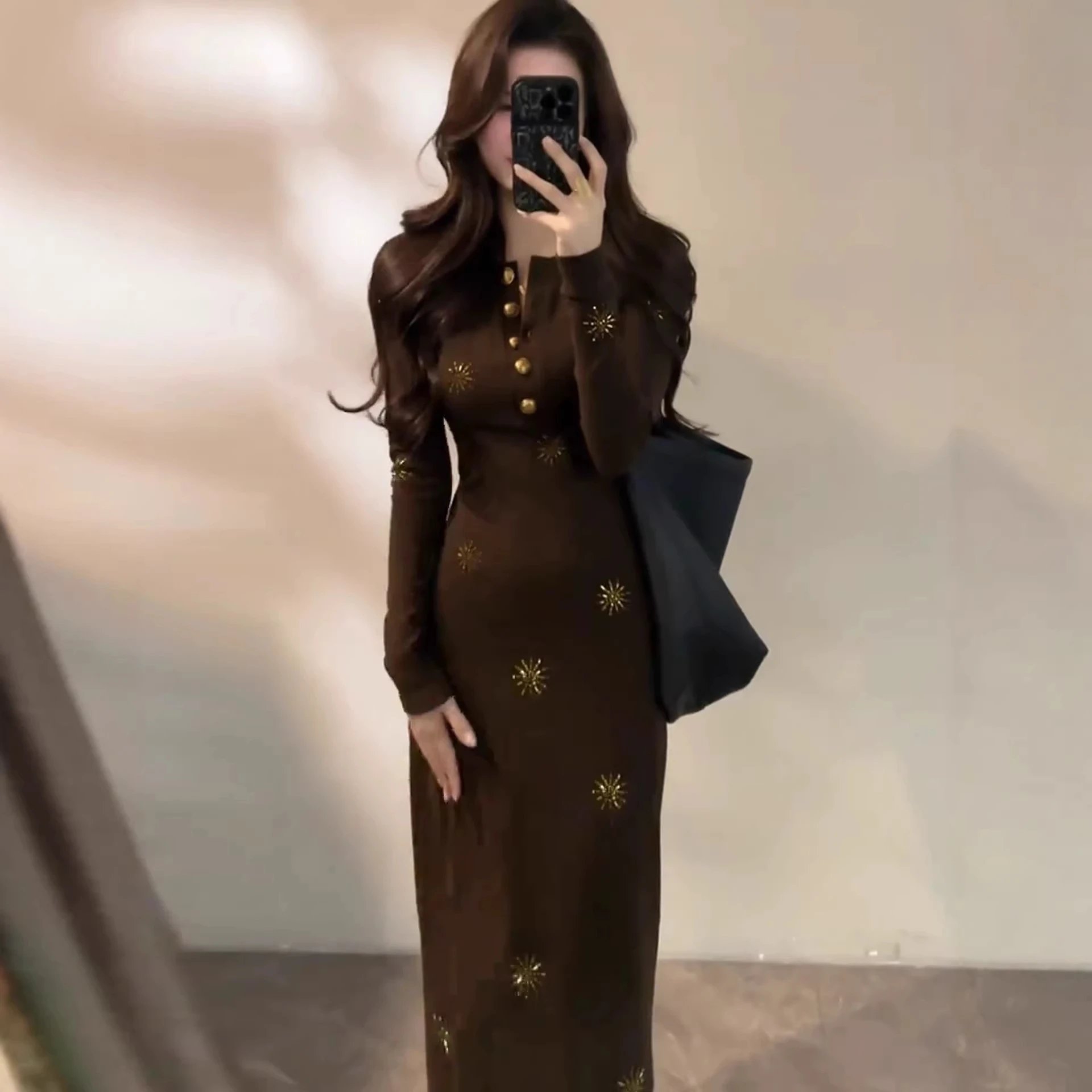 Brown Long Sleeve Embroidered Midi Dress