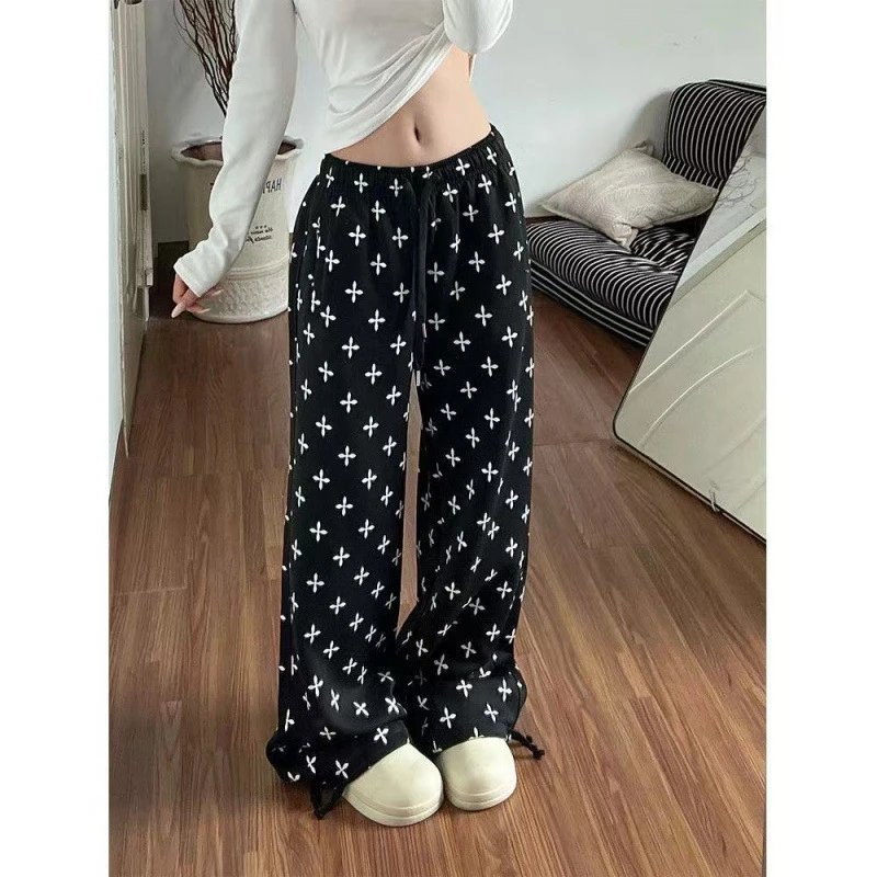 Black White Cross Print Wide Leg Trousers Casual