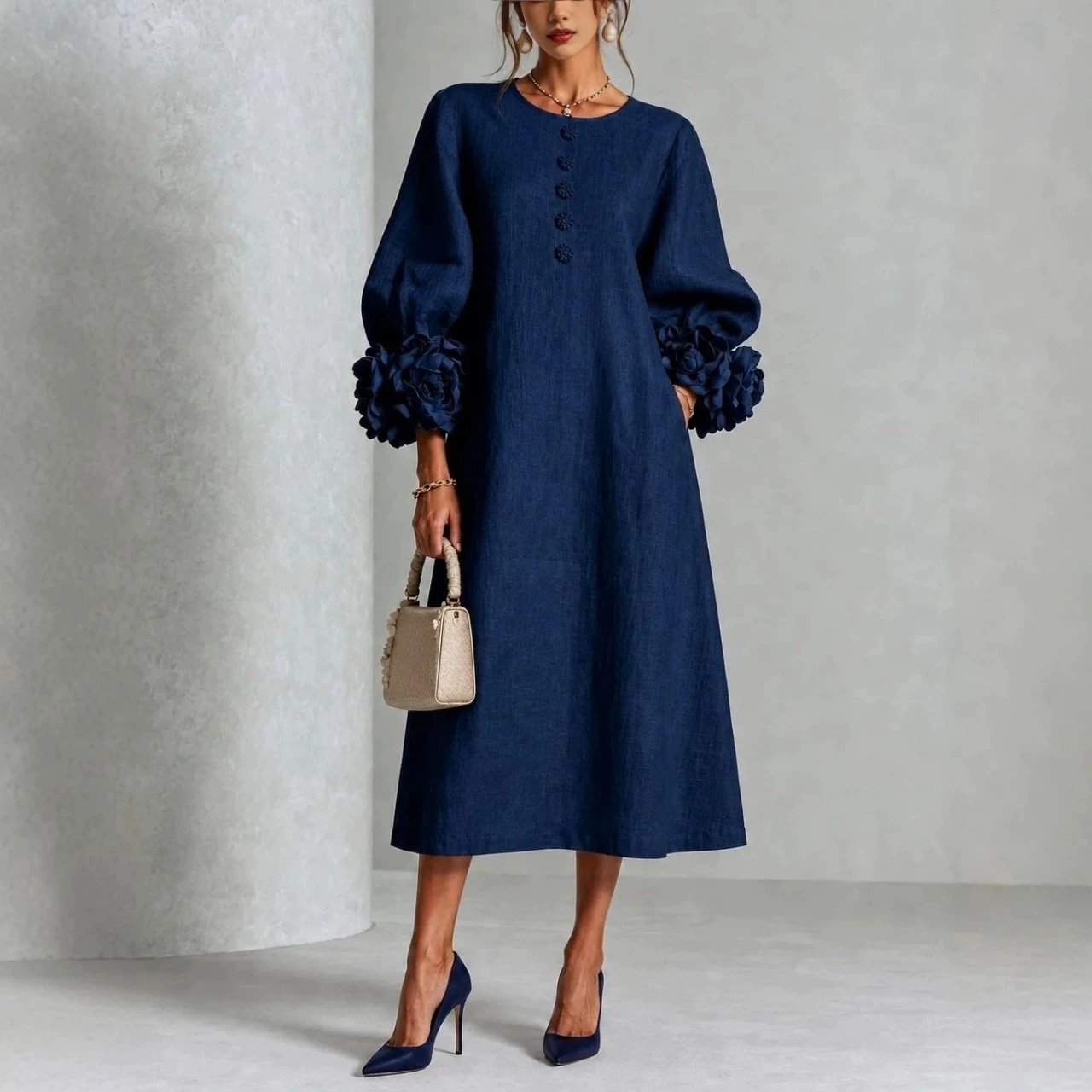 Elegant Navy Blue Midi Dress With Floral Sleeve Design