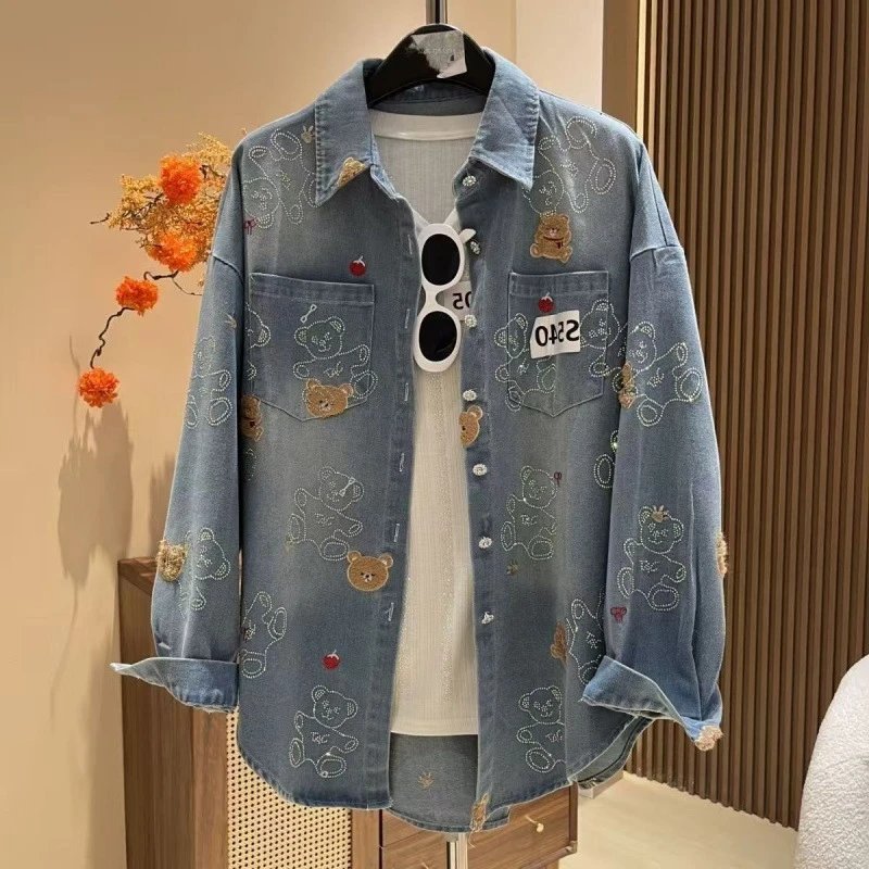 Denim Bear Print Blue Casual Shirt