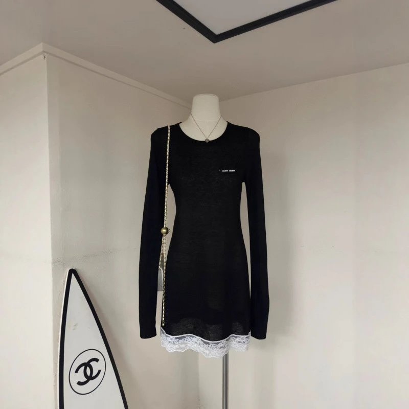Black Long Sleeve Lace Hem Dress