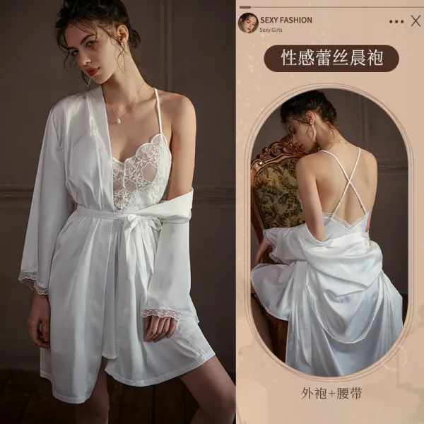 Design Sensual Chiffon Robe with Lace Trim White Sleepwear Set - 1