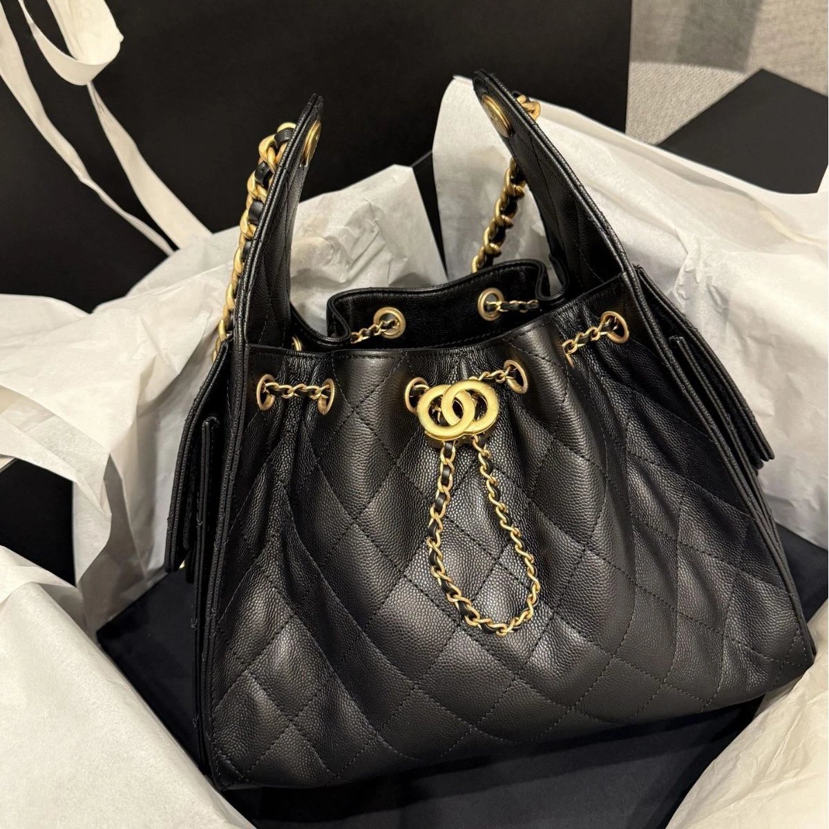 Chanel Drawstring Bucket Bag Black Quilted Calfskin with Gold Hardware Handbags