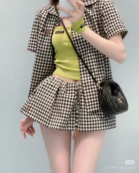 MCM Gingham Drawstring Waist Skirt Black and White - 6