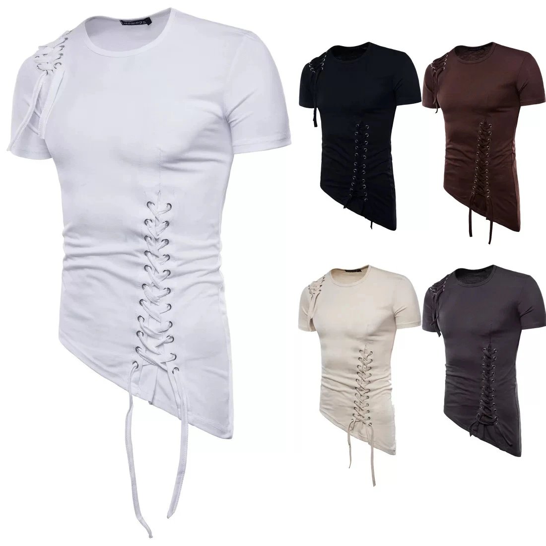 Design Lace-Up Asymmetrical Brown T-Shirt Tops.t Shirts - 2