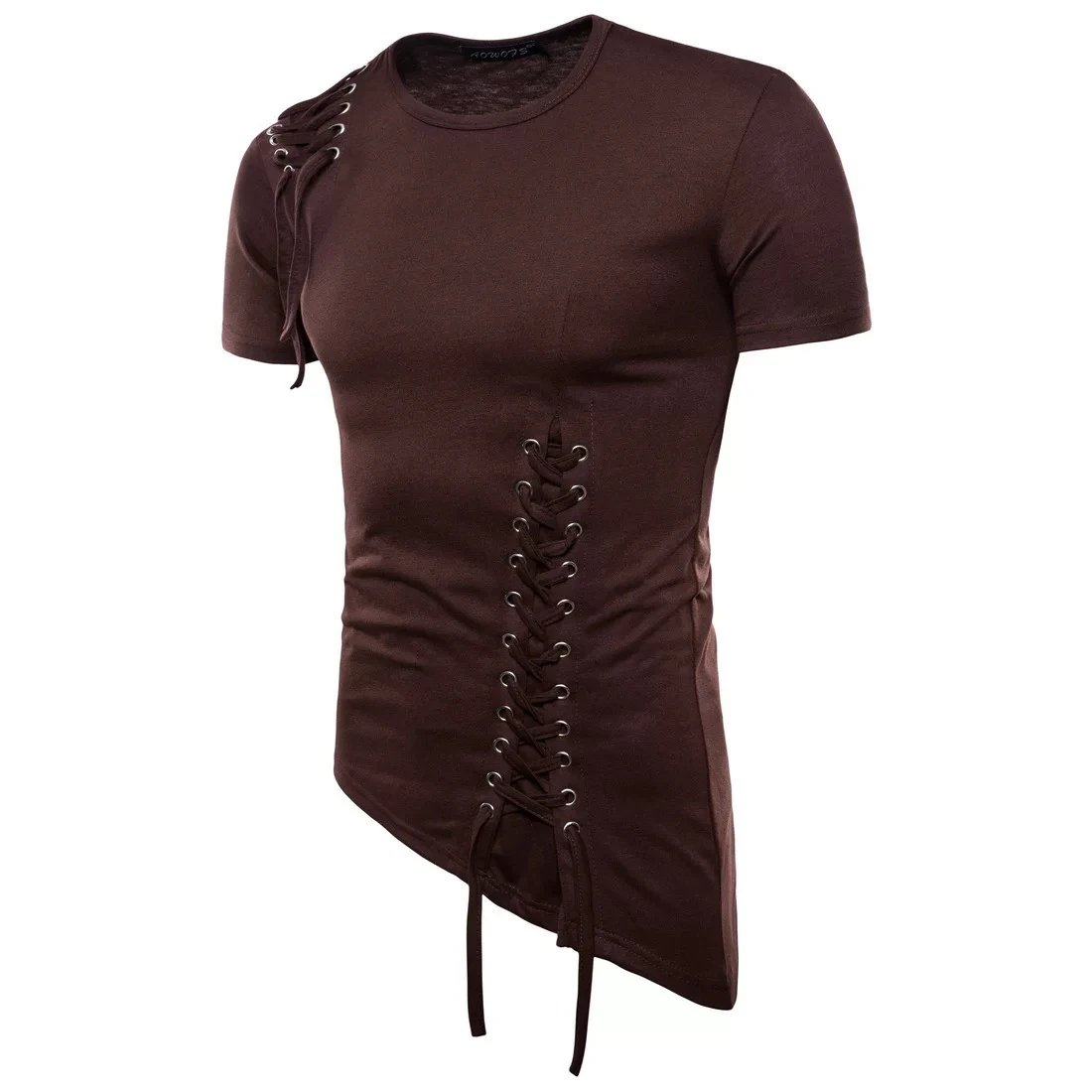 Design Lace-Up Asymmetrical Brown T-Shirt Tops.t Shirts - 6