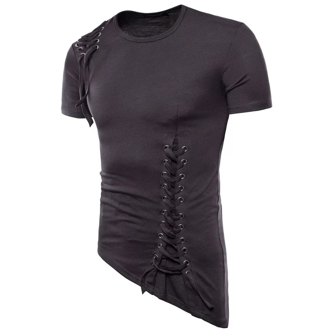 Design Lace-Up Asymmetrical Brown T-Shirt Tops.t Shirts - 15