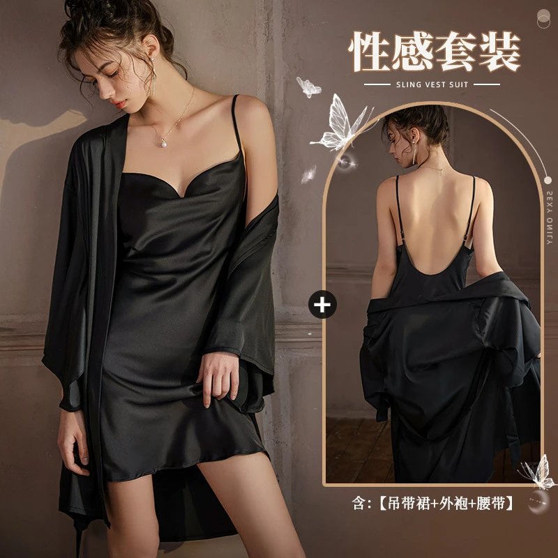Satin Slip Dress Set Black Sleepwear