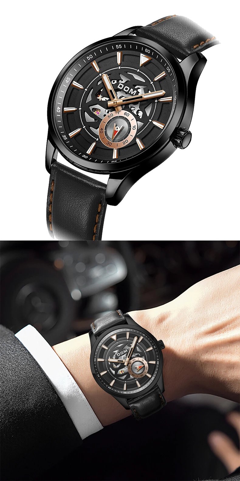 Design DOM Skeleton Watch Teal Leather Strap Mechanical Watch Watches - 15