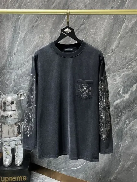 Chrome Hearts Long Sleeve T-Shirt Black Crystal Embroidery Pocket Tee - 3