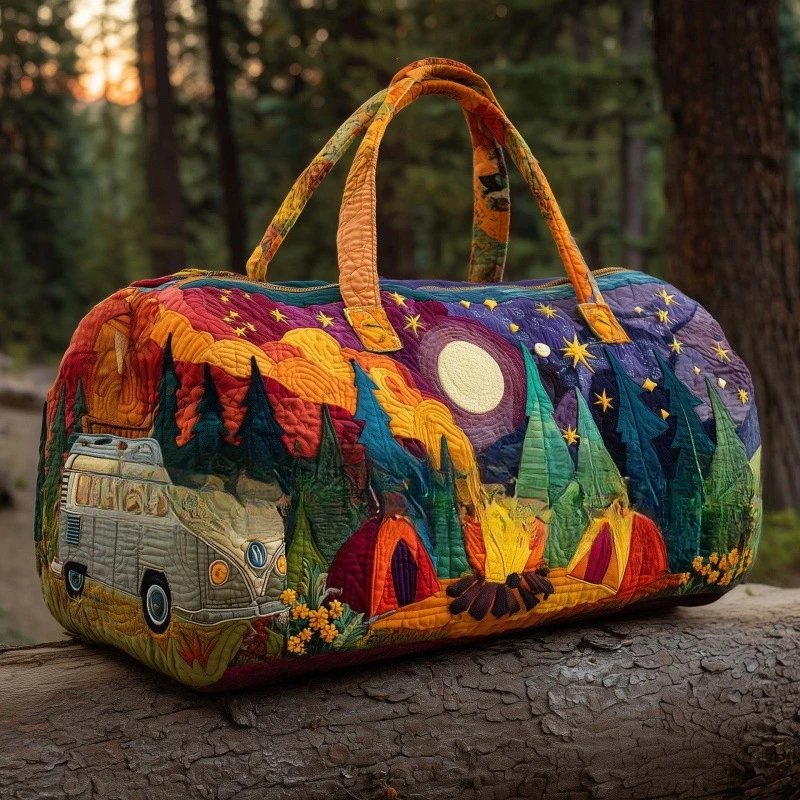 Hand-Embroidered Camping Scene Duffle Bag Multicolor Travel