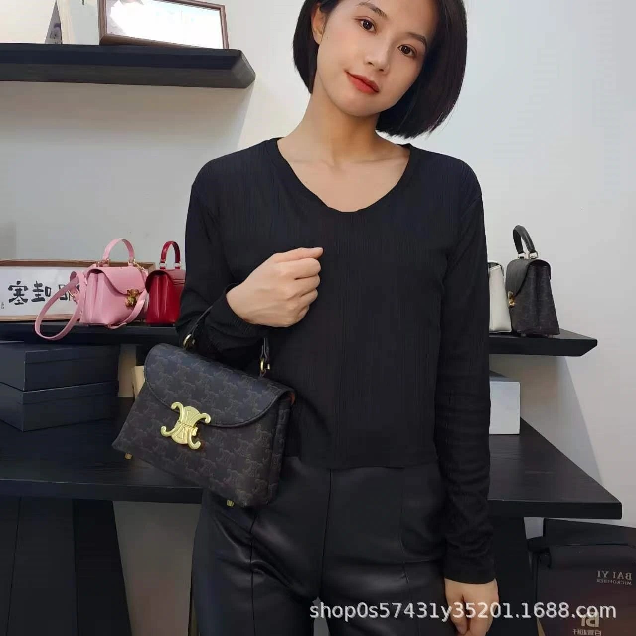 Celine Triomphe Mini Bag Burgundy Leather Handbag - 31