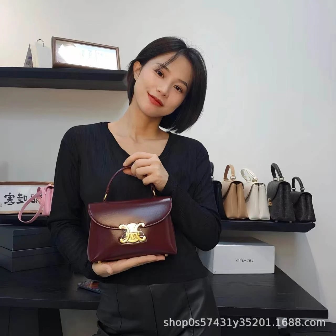 Celine Triomphe Mini Bag Burgundy Leather Handbag - 21