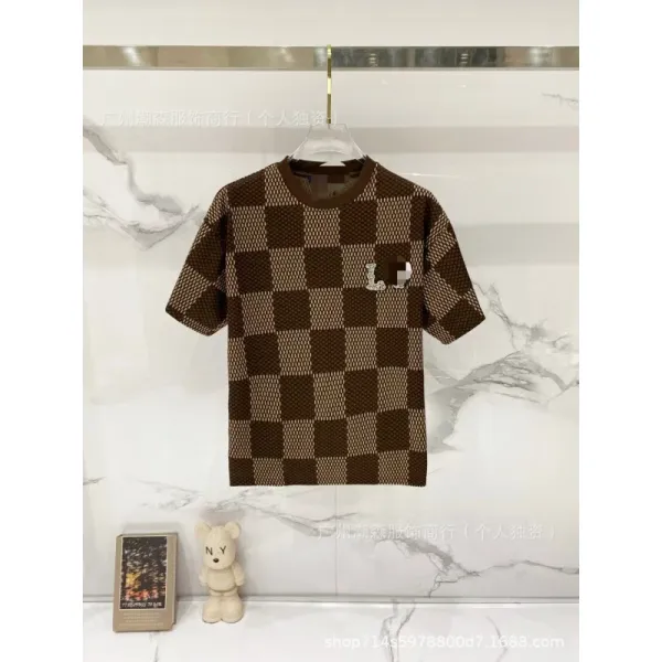 Design Checkerboard Knit T-Shirt Brown - 1