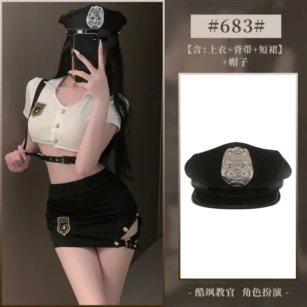 Design Police Officer Costume Set Black / White Hat + Crop Top + Mini Skirt - 1
