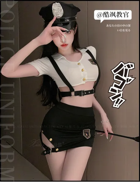 Design Police Officer Costume Set Black / White Hat + Crop Top + Mini Skirt - 5