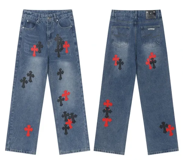 Design Cross Embroidered Wide-Leg Jeans Blue - 1