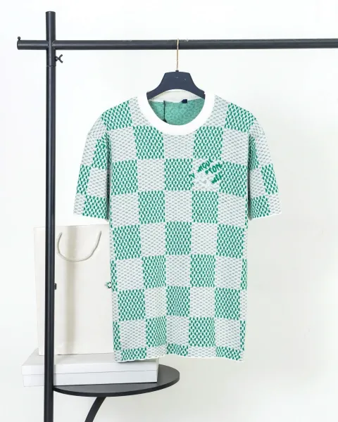 Design Checker Knit T-Shirt Green and White - 1