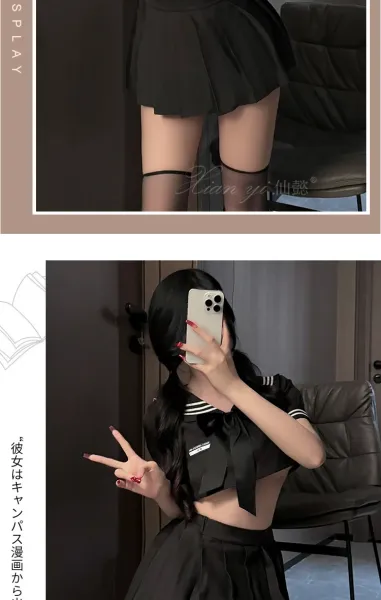 Design Sailor-Style Crop Top and Pleated Skirt Set with Sheer Thigh-High Stockings - 12