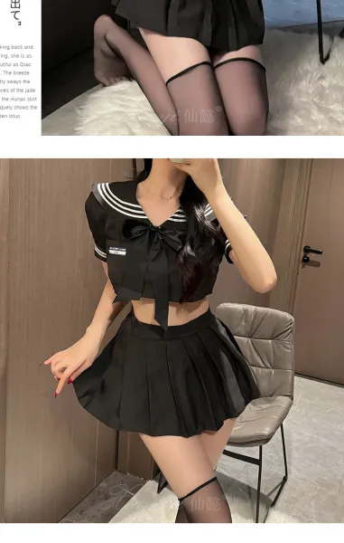 Design Sailor-Style Crop Top and Pleated Skirt Set with Sheer Thigh-High Stockings - 13