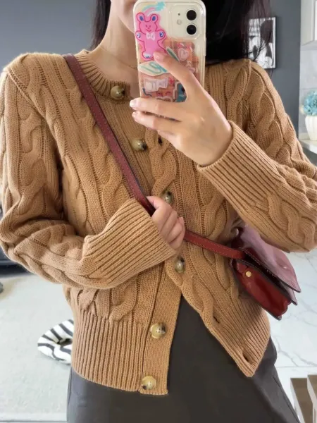 Design Cable Knit Cardigan Beige Wool Blend Cardigan - 7
