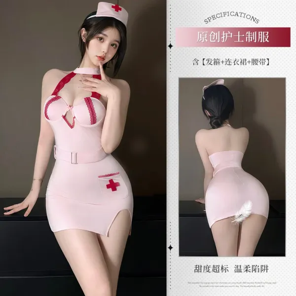 Design Nurse Costume Set Pink Red Lace Dress - 1